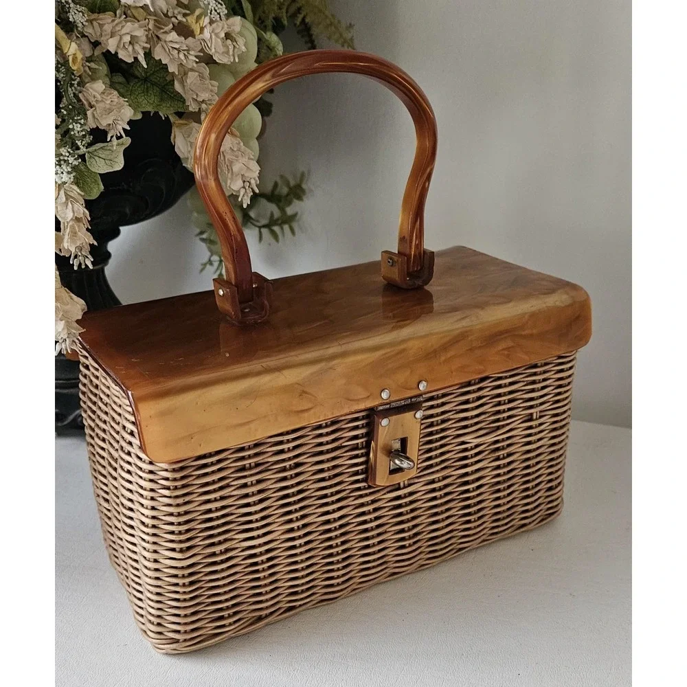 Vintage Plastic Wicker Gold Marbled Swirl Box Purse